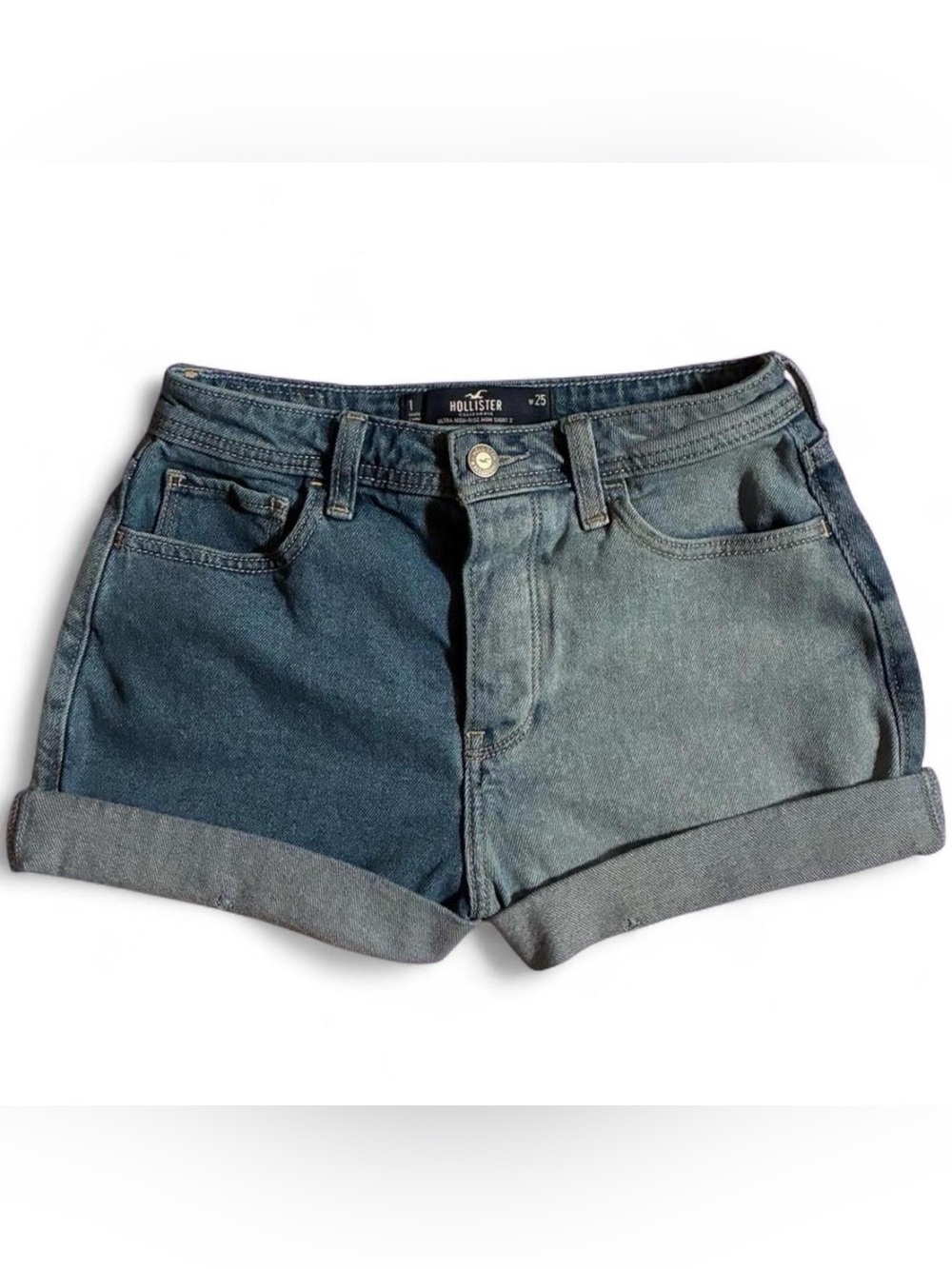 Hollister Two-Tone Rolled Cuff Denim Shorts - Dark Blue & Light Blue